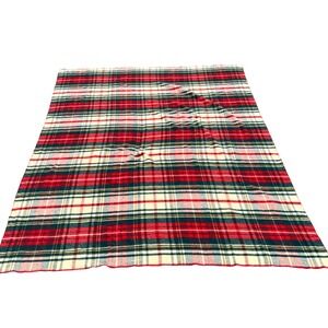 LL Bean Plaid Wool Blanket Red Green Cream Oversized Vintage 70"x84" Cabincore